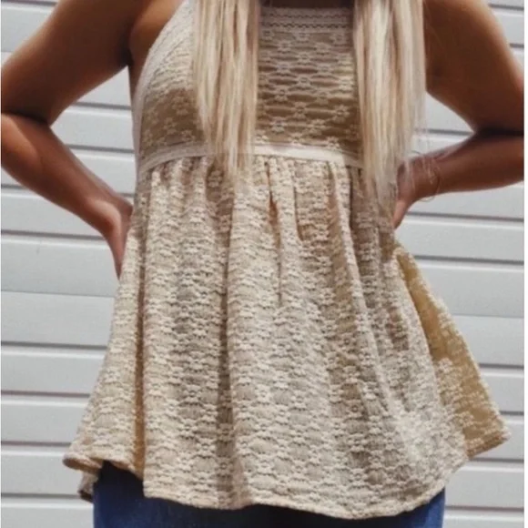 POL TAN EMBROIDERED LACE TRIMMED BABYDOLL TOP! - Picture 3 of 6